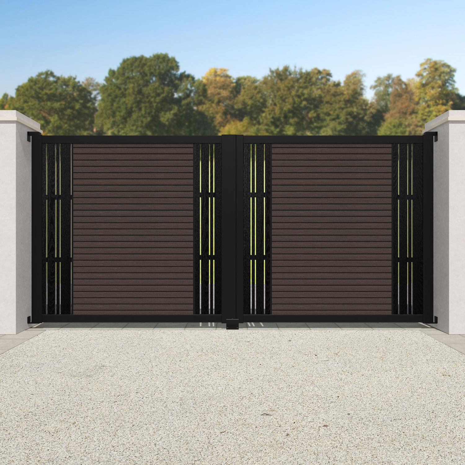 Hudson Linea Straight Top Driveway Gate - Mid Brown - Middle & End Screen