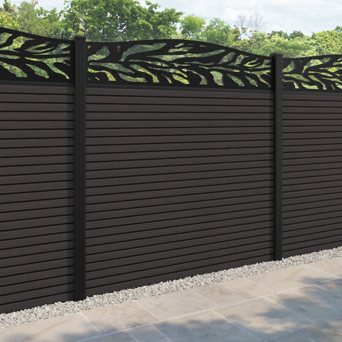 Hudson Malawi Curved Top Fence Panel - Dark Oak - with our aluminium posts