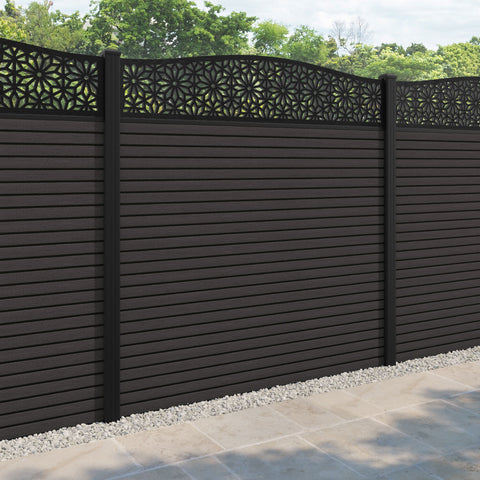 Hudson Narwa Curved Top Fence Panel - Dark Oak - with our aluminium posts