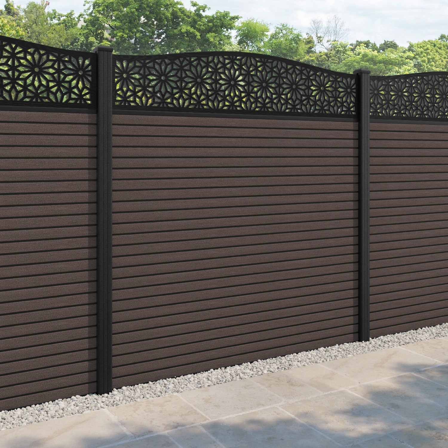 Hudson Narwa Curved Top Fence Panel - Mid Brown - with our composite posts