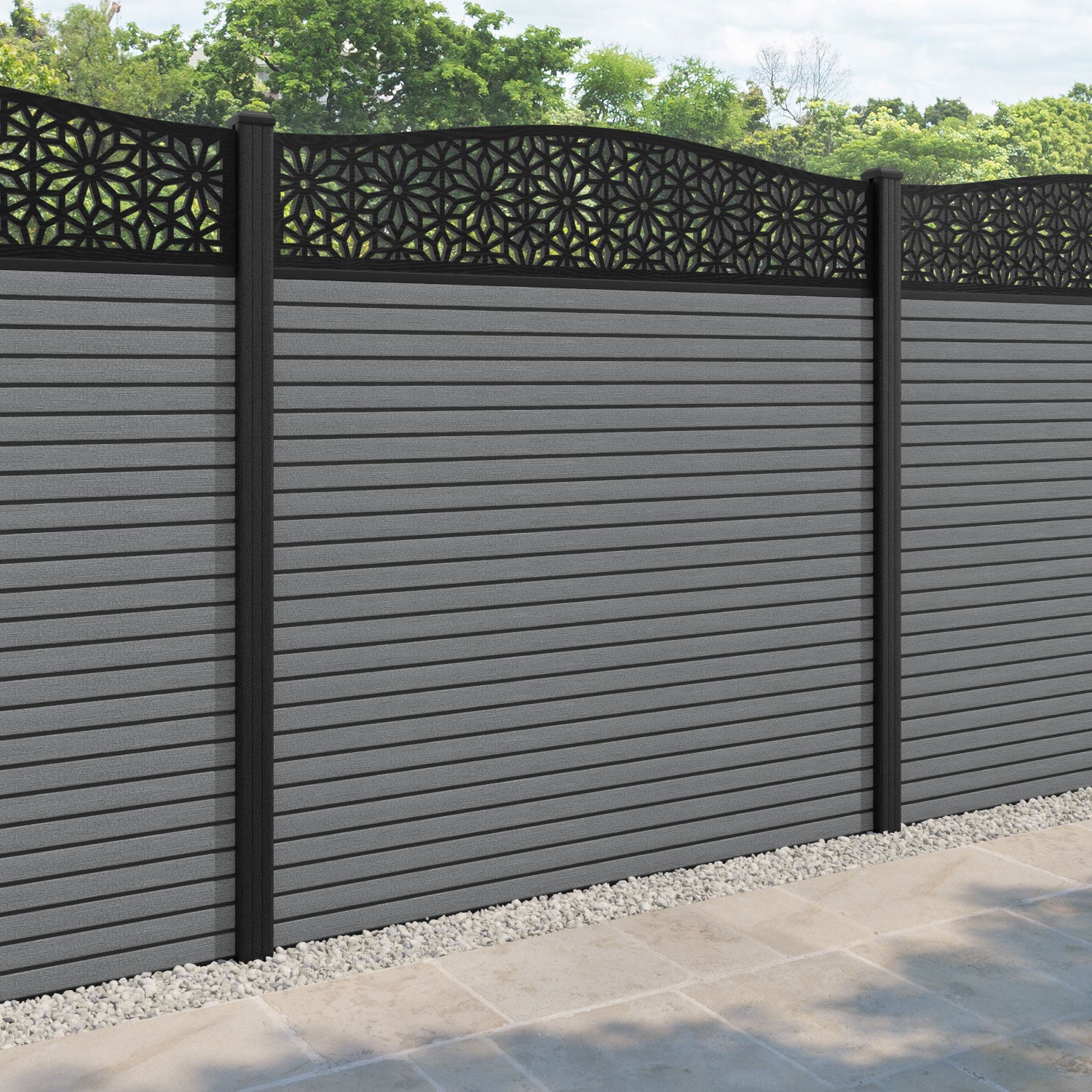 Hudson Narwa Curved Top Fence Panel - Mid Grey - with our composite posts