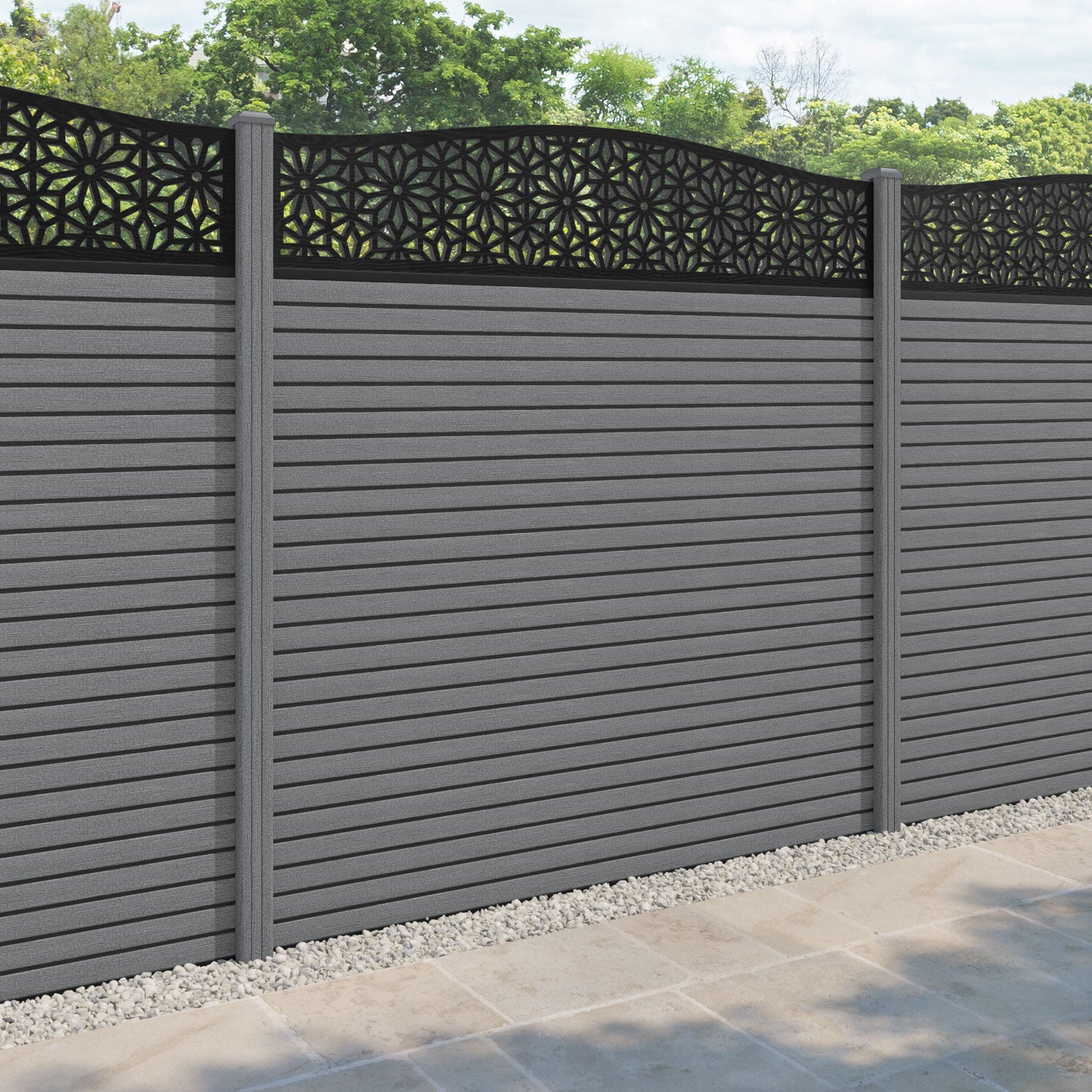 Hudson Narwa Curved Top Fence Panel - Mid Grey - with our composite posts