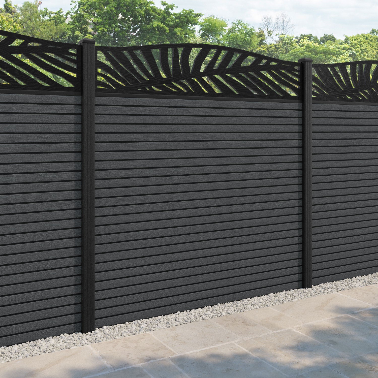 Hudson Palm Curved Top Fence Panel - Dark Grey - with our composite posts