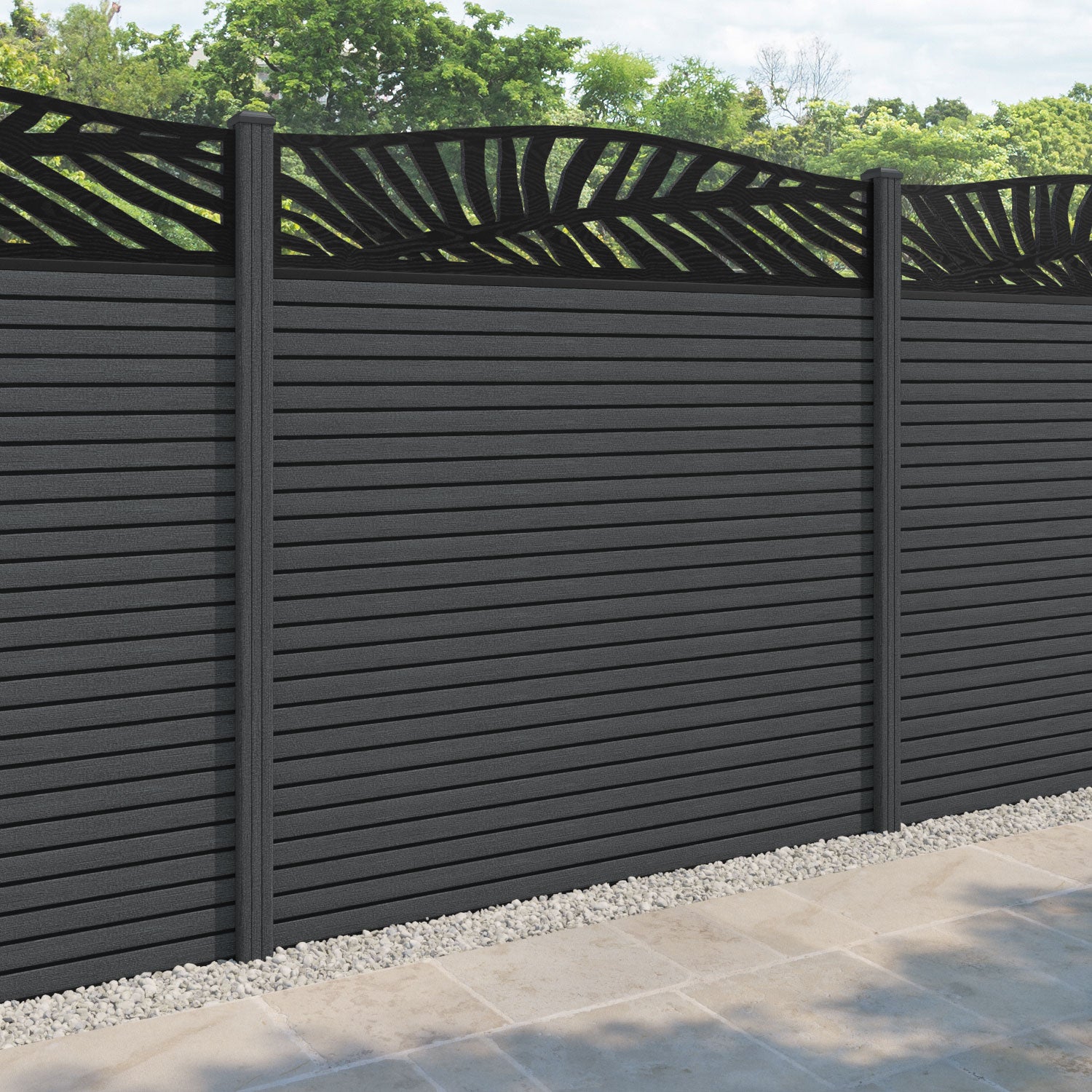 Hudson Palm Curved Top Fence Panel - Dark Grey - with our composite posts