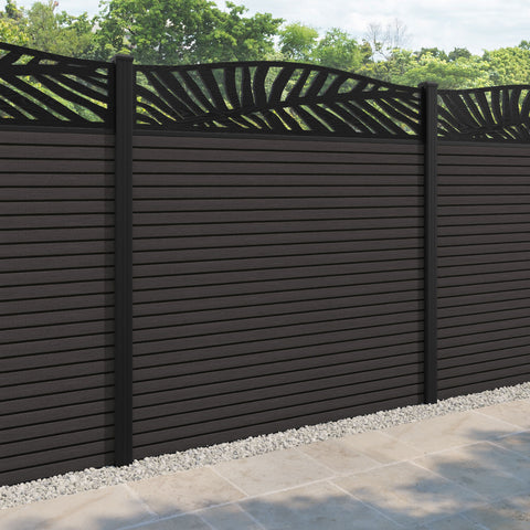 Hudson Palm Curved Top Fence Panel - Dark Oak - with our aluminium posts