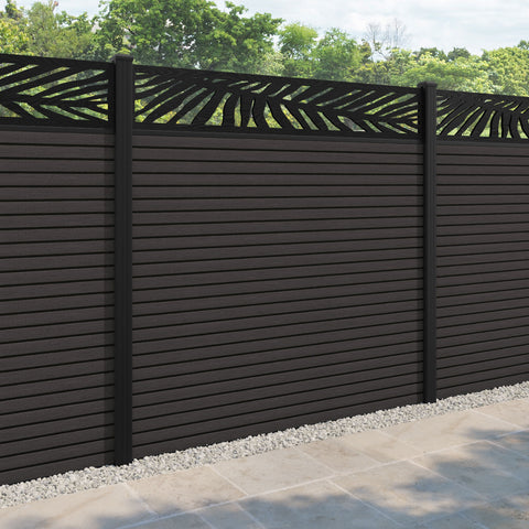 Hudson Palm Fence Panel - Dark Oak - with our aluminium posts