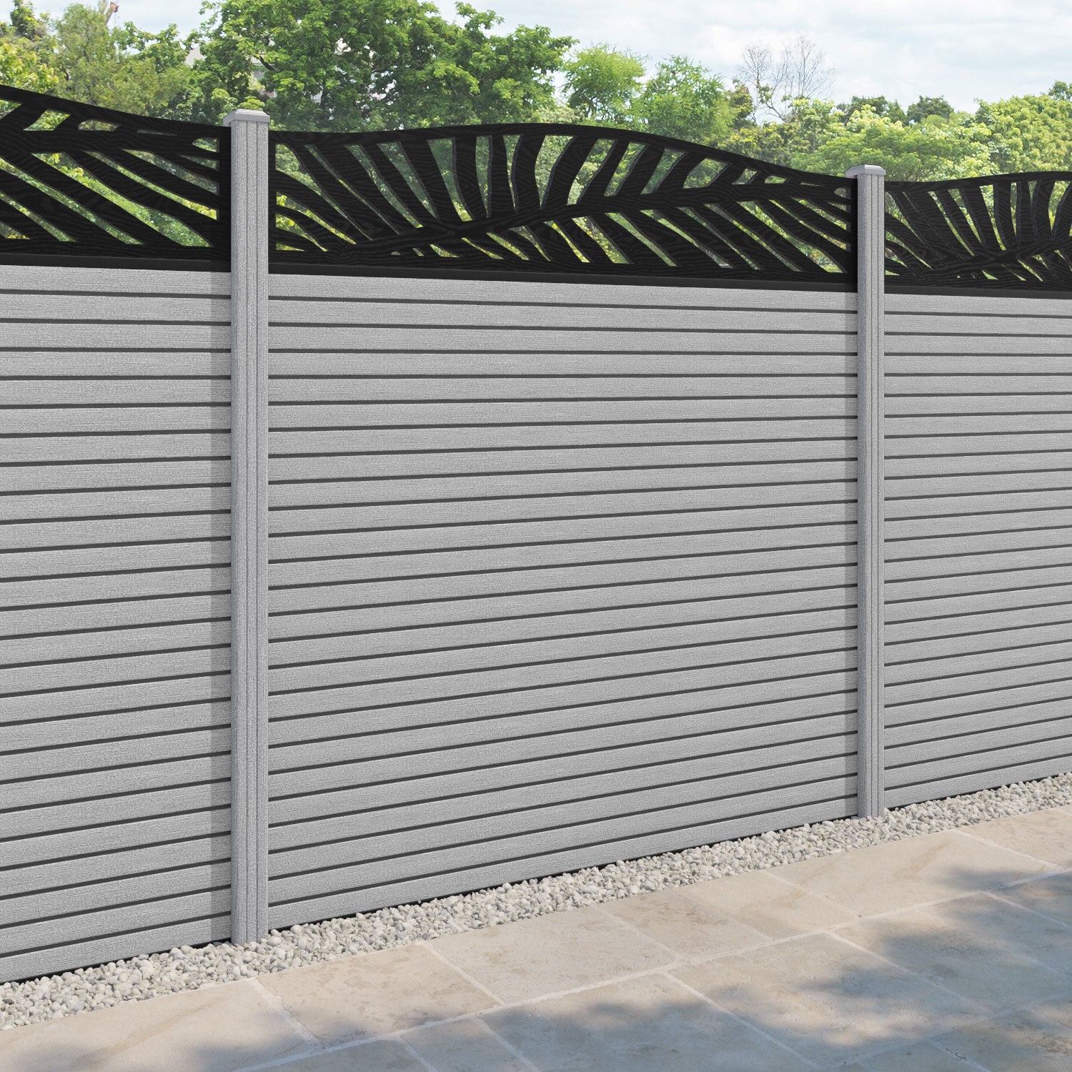 Hudson Palm Curved Top Fence Panel - Light Grey - with our composite posts