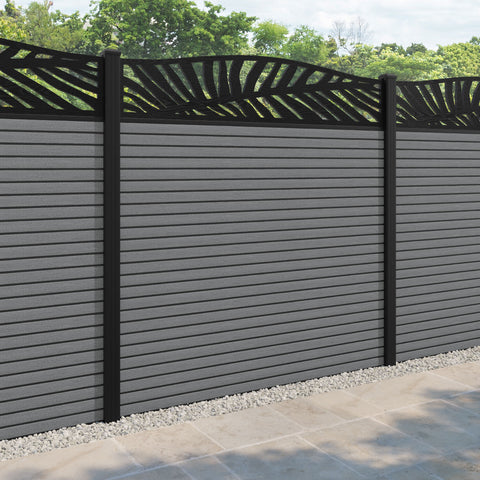 Hudson Palm Curved Top Fence Panel - Mid Grey - with our aluminium posts