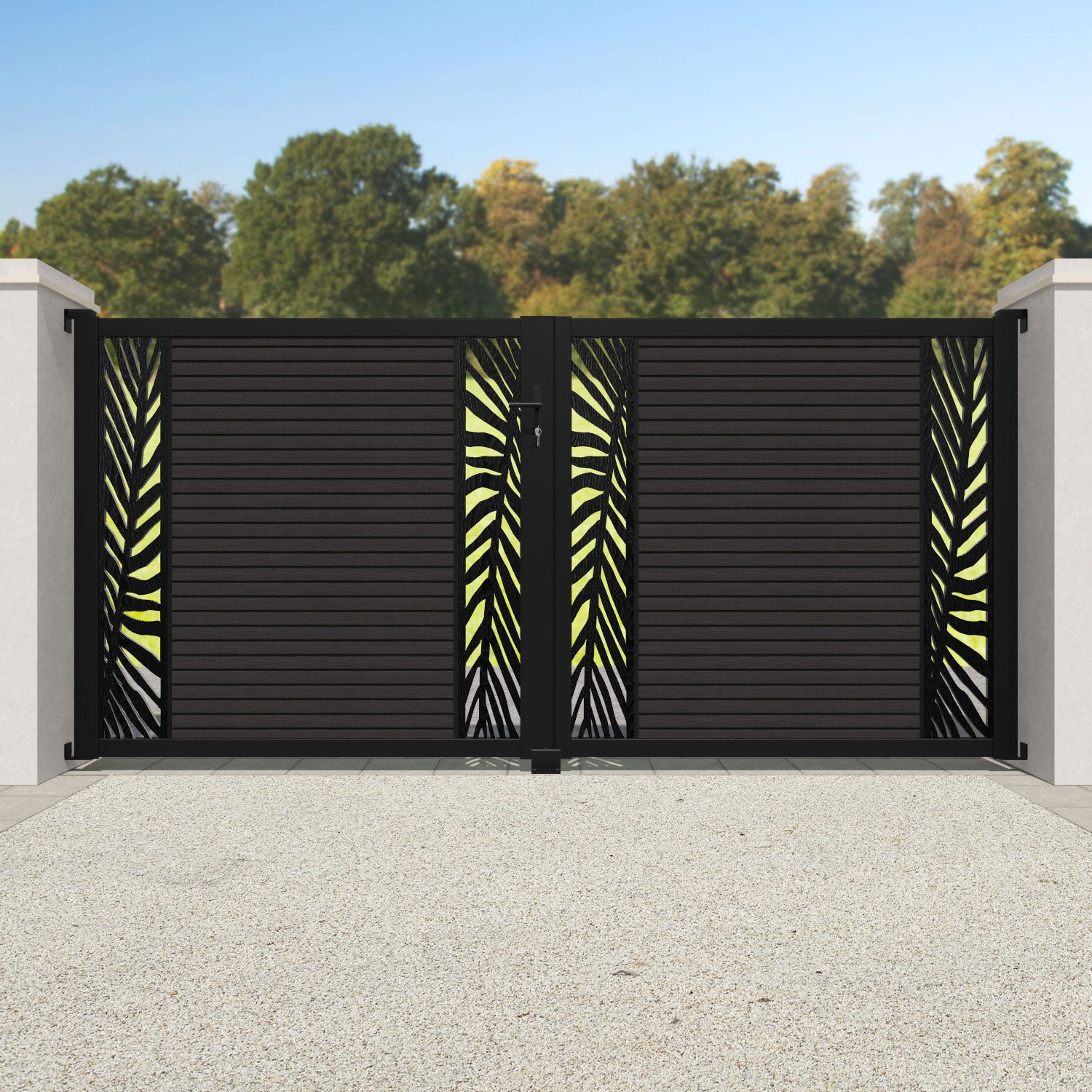 Hudson Palm Straight Top Driveway Gate - Dark Oak - Middle & End Screen