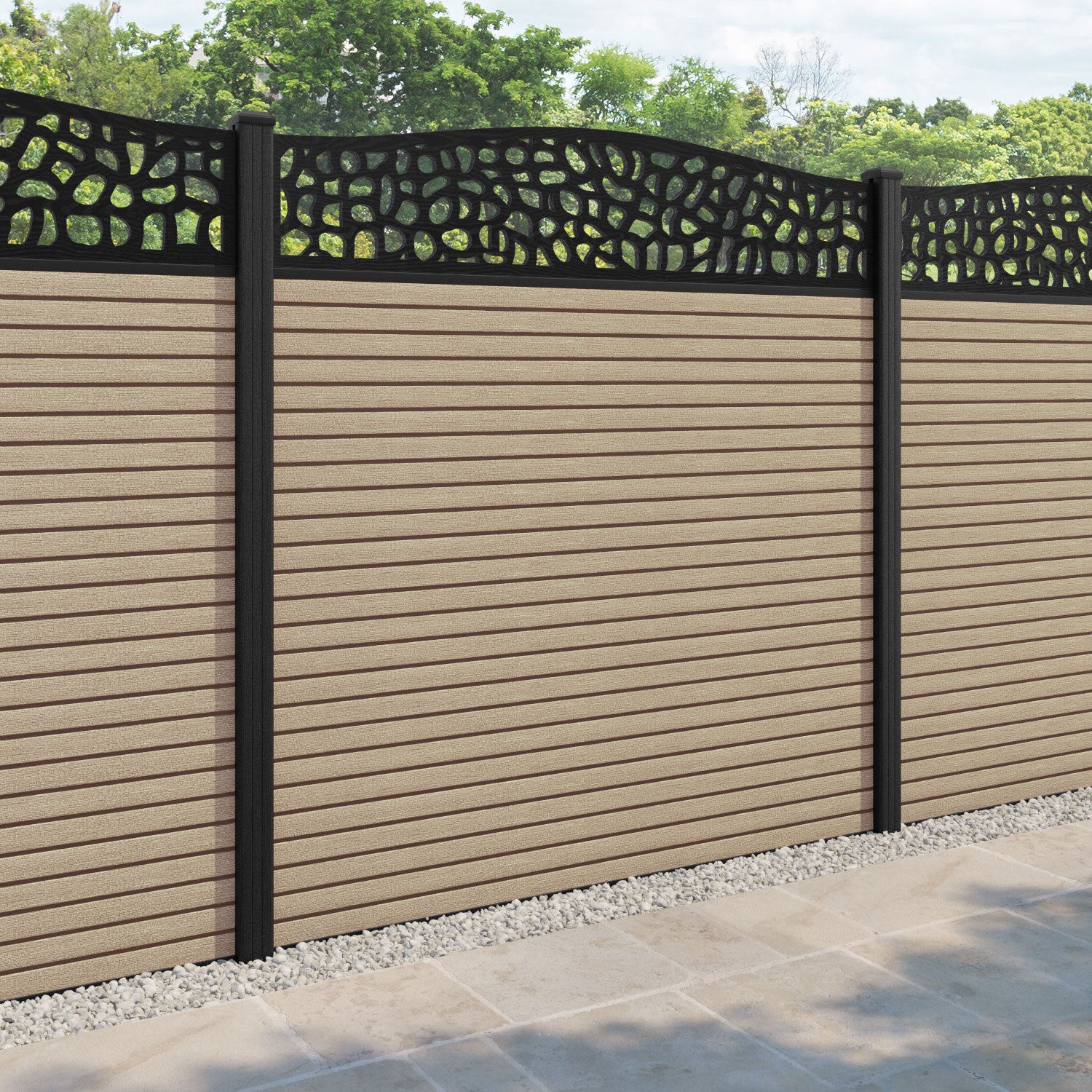 Hudson Pebble Curved Top Fence Panel - Light Oak - with our composite posts