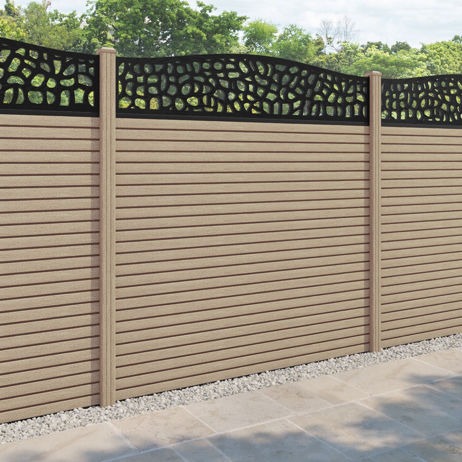 Hudson Pebble Curved Top Fence Panel - Light Oak - with our composite posts