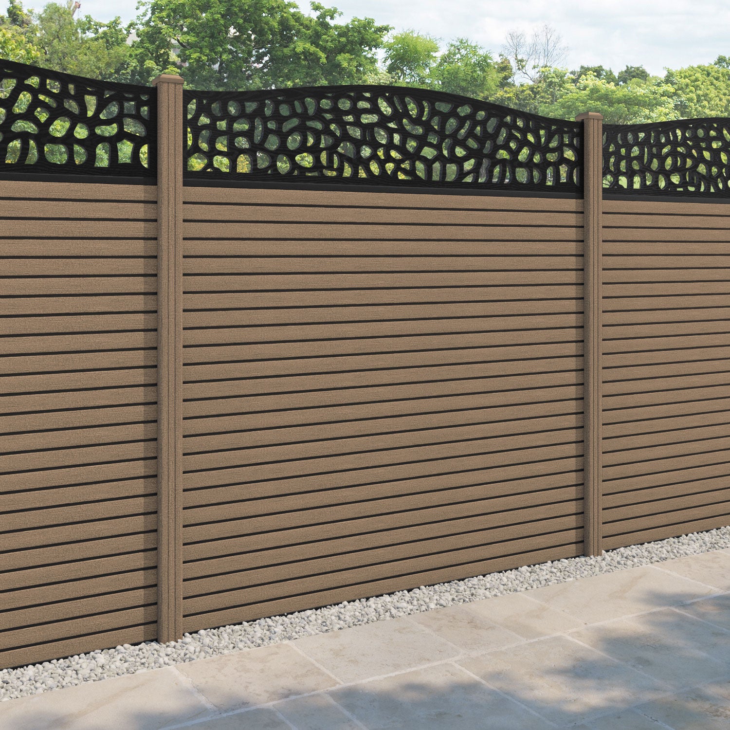 Hudson Pebble Curved Top Fence Panel - Teak - with our composite posts