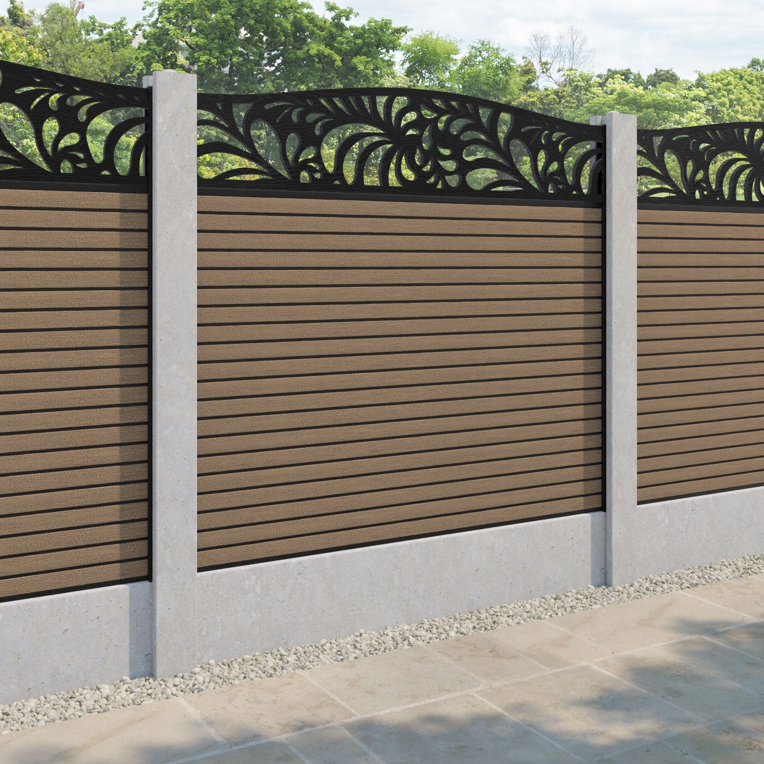 Hudson Petal Curved Top Fence Panel - Teak - for existing concrete posts