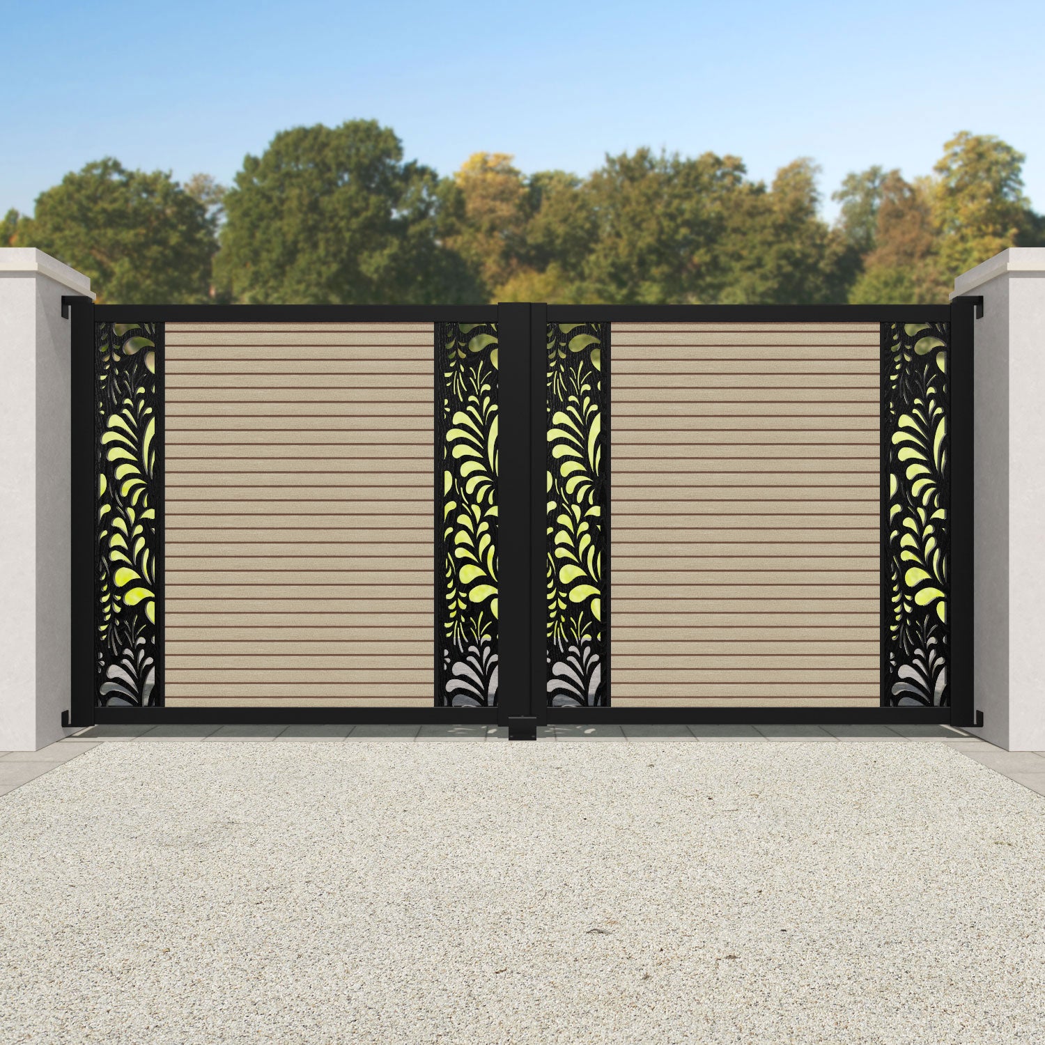 Hudson Petal Straight Top Driveway Gate - Light Oak- Middle & End Screen