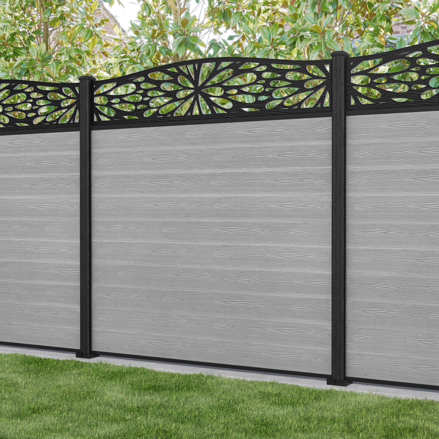 Classic Blossom Curved Top Fence Panel - Light Grey - with our composite posts