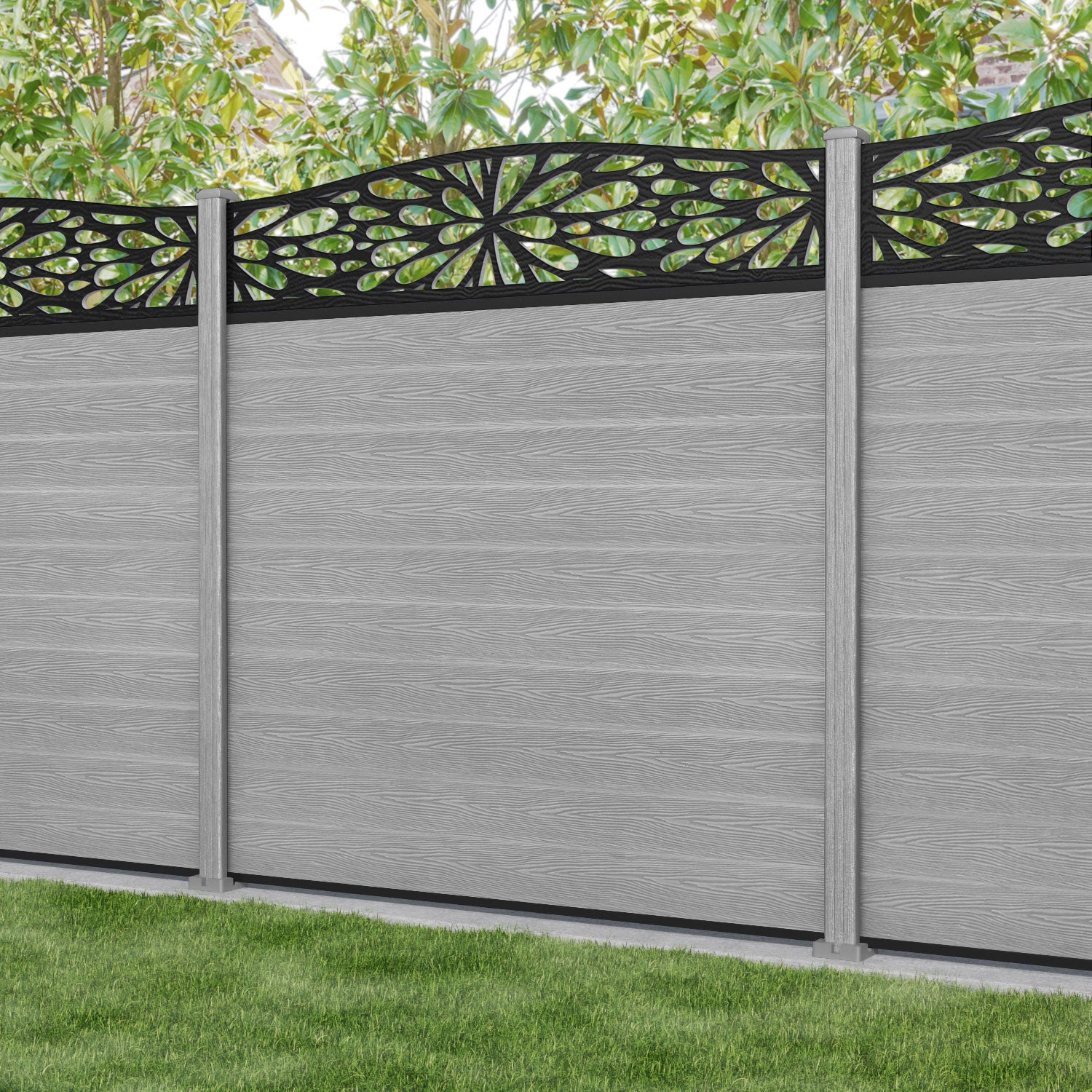 Classic Blossom Curved Top Fence Panel - Light Grey - with our composite posts
