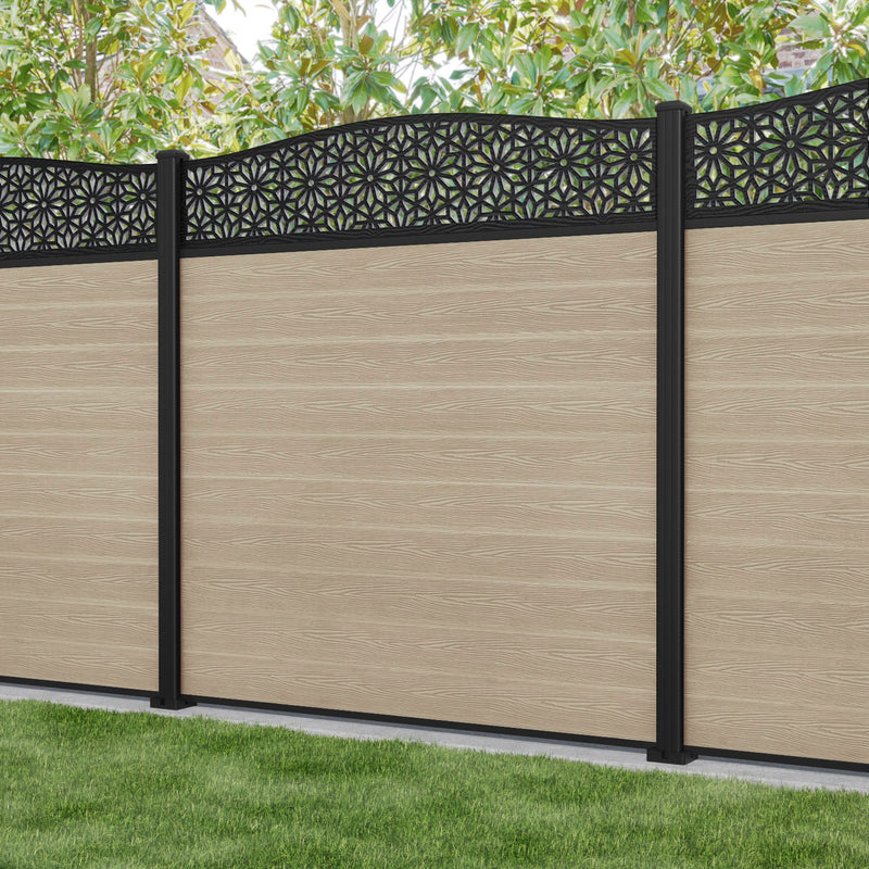 Classic Narwa Curved Top Fence Panel - Light Oak - with our aluminium posts