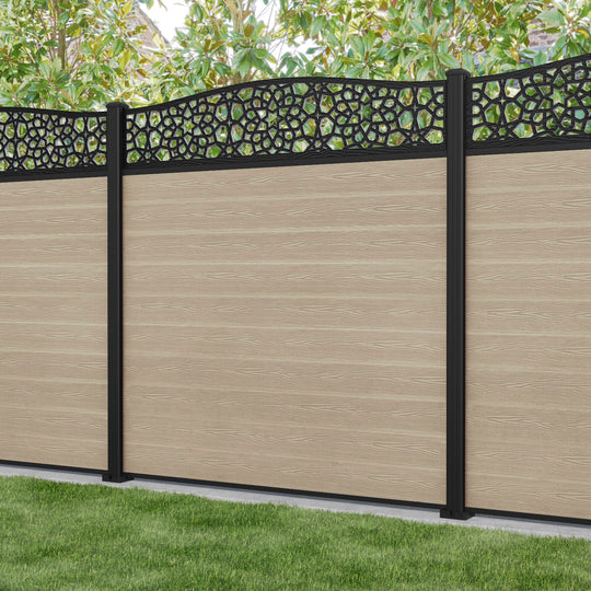 Classic Nazira Curved Top Fence Panel - Light Oak - with our aluminium posts