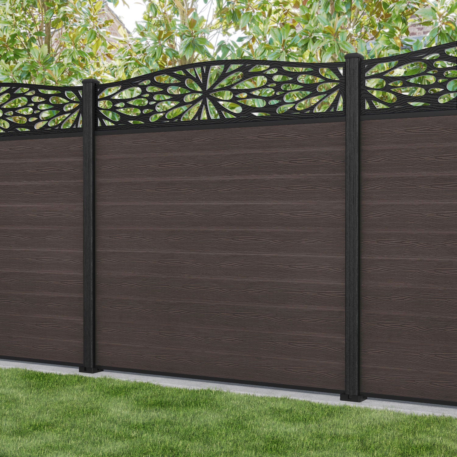 Classic Blossom Curved Top Fence Panel - Mid Brown - with our composite posts