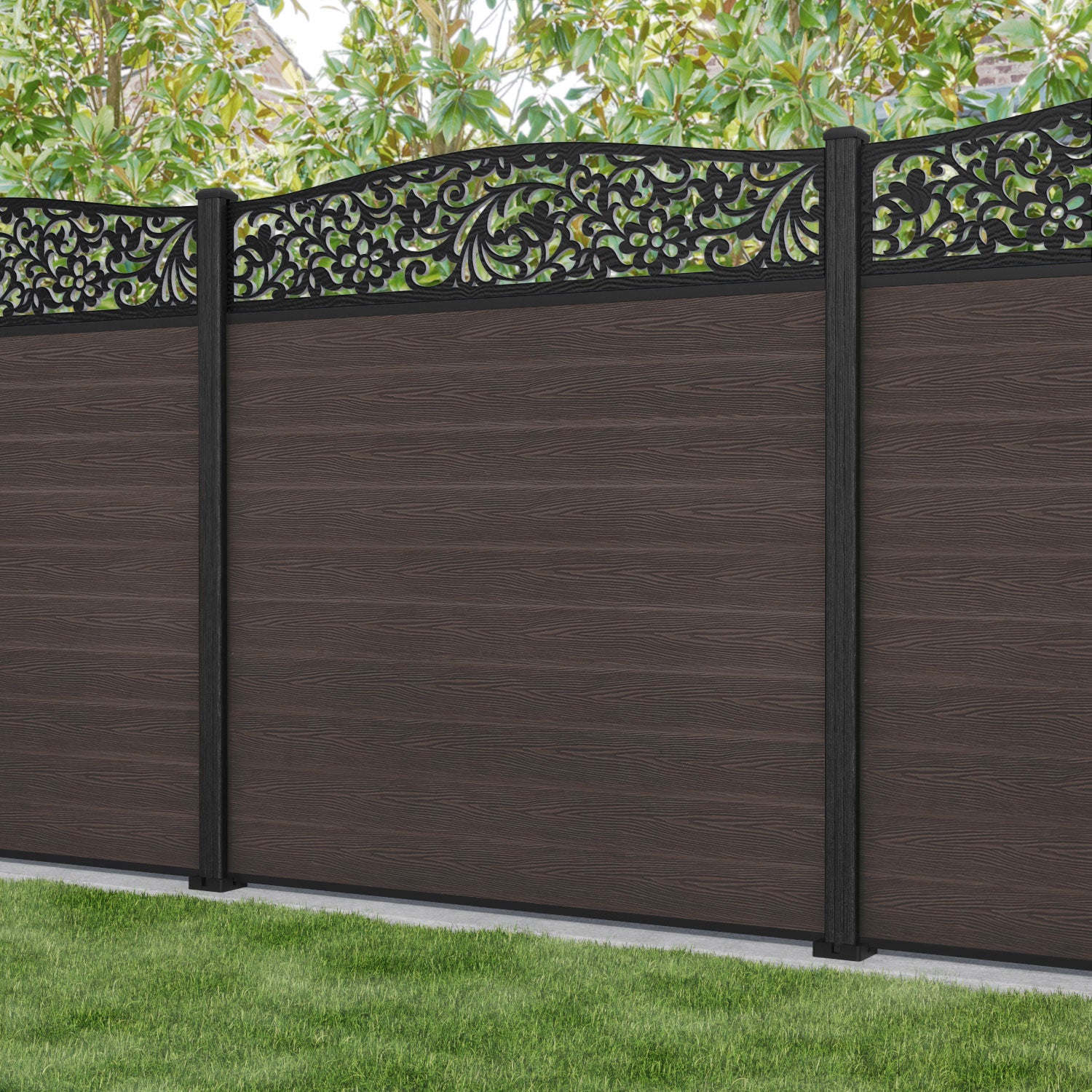 Classic Eden Curved Top Fence Panel - Mid Brown - with our composite posts
