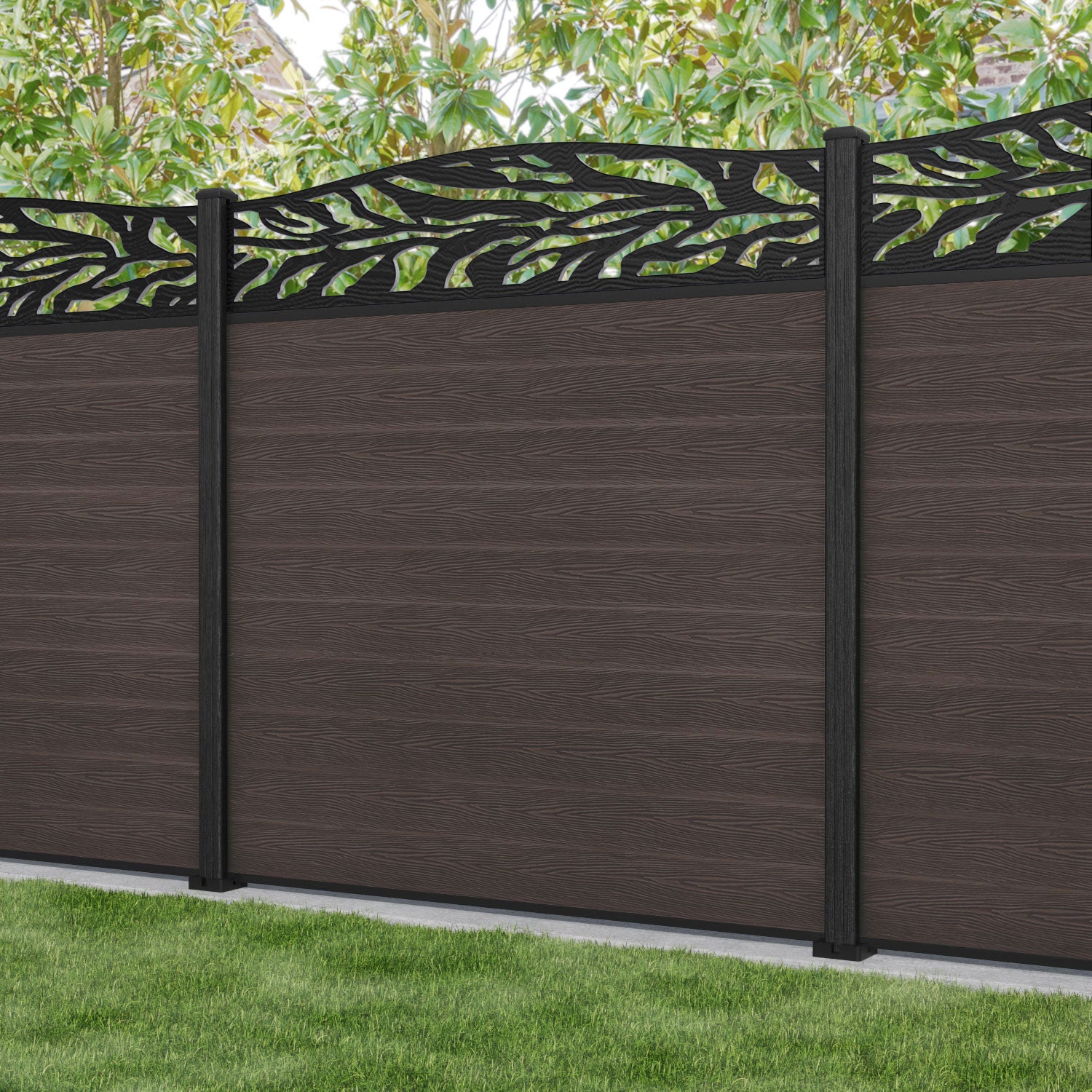 Classic Malawi Curved Top Fence Panel - Mid Brown - with our composite posts