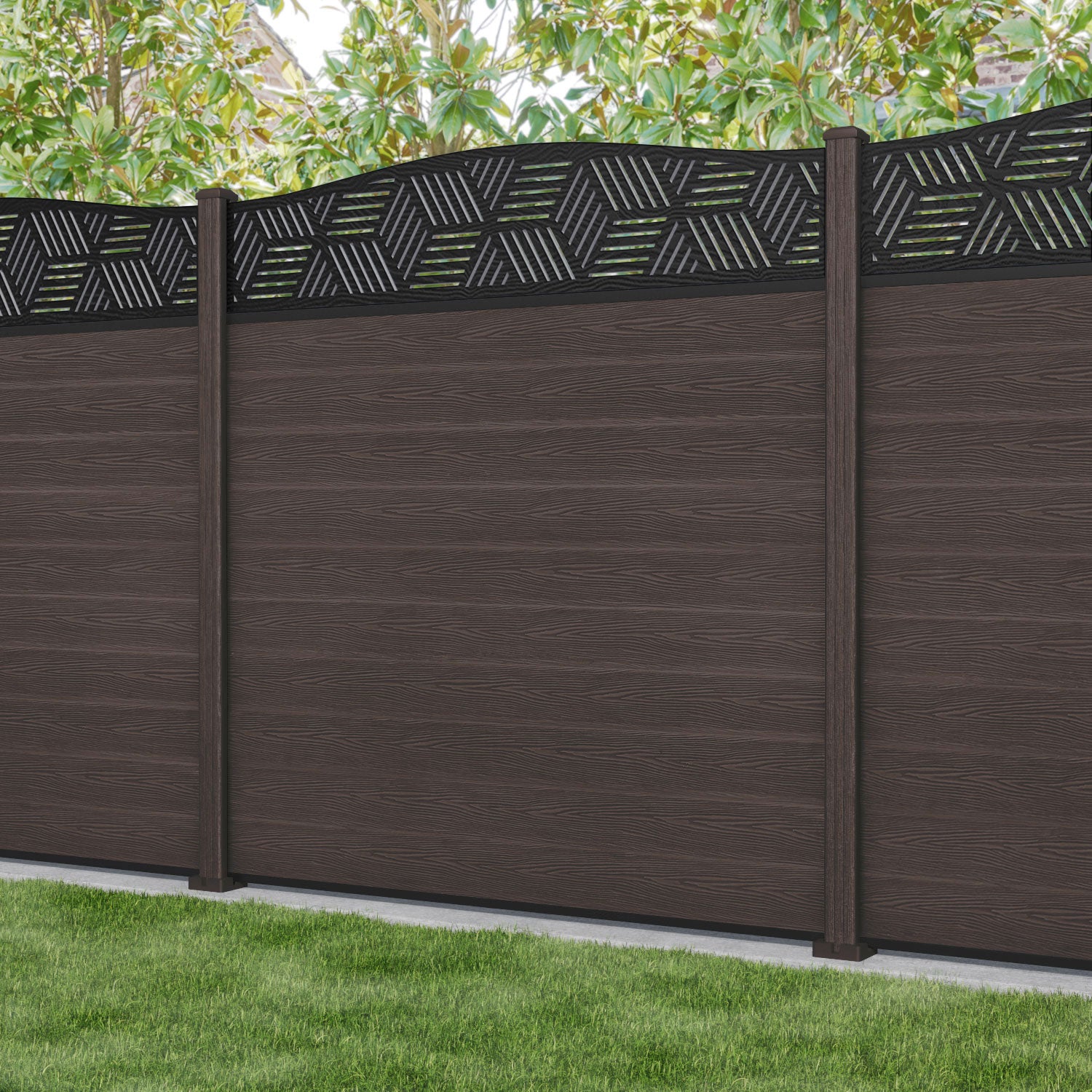Classic Cubed Curved Top Fence Panel - Mid Brown - with our composite posts