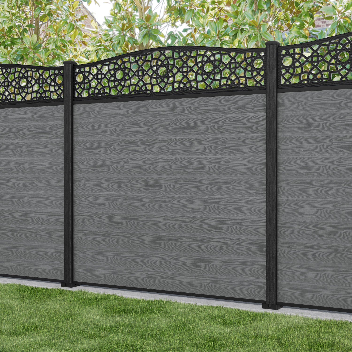 Classic Ambar Curved Top Fence Panel - Mid Grey - with our composite posts