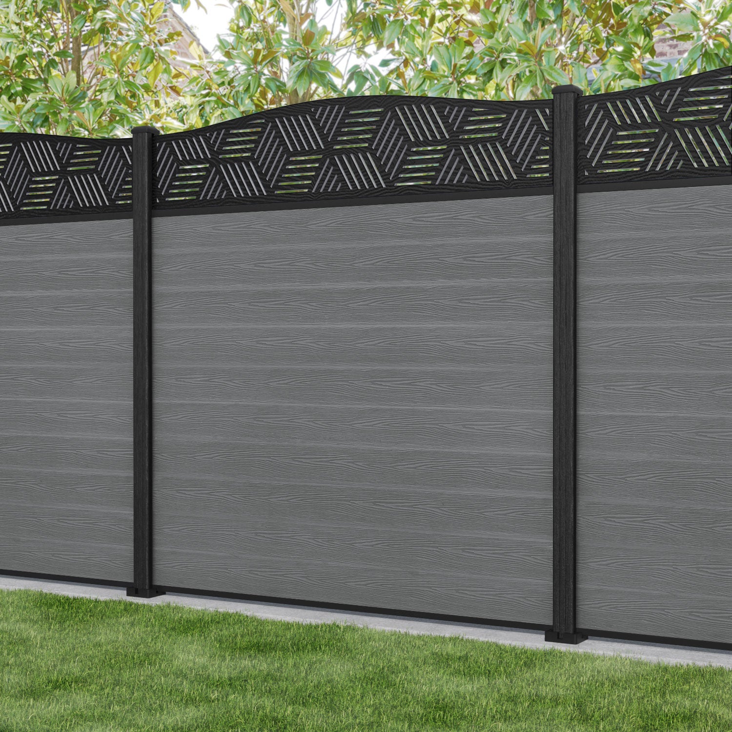 Classic Cubed Curved Top Fence Panel - Mid Grey - with our composite posts