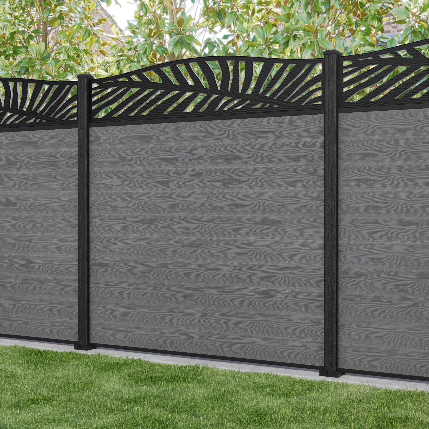 Classic Palm Curved Top Fence Panel - Mid Grey - with our composite posts