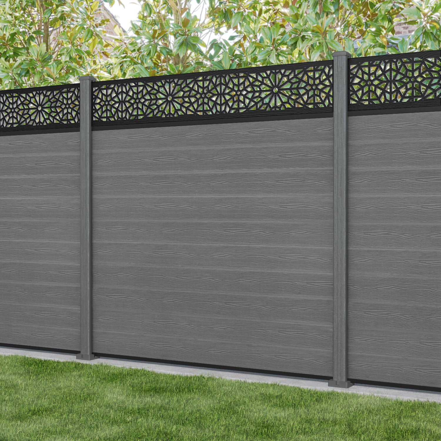Classic Alnara Fence Panel - Mid Grey - with our composite posts