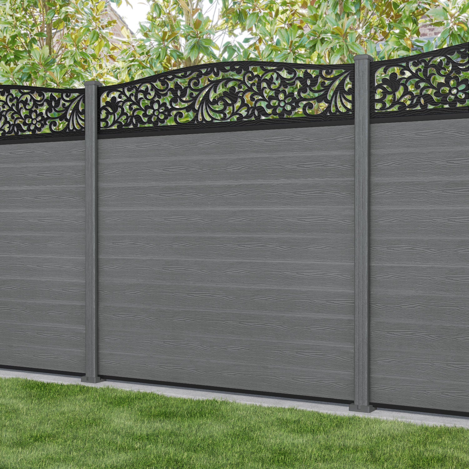 Classic Eden Curved Top Fence Panel - Mid Grey - with our composite posts