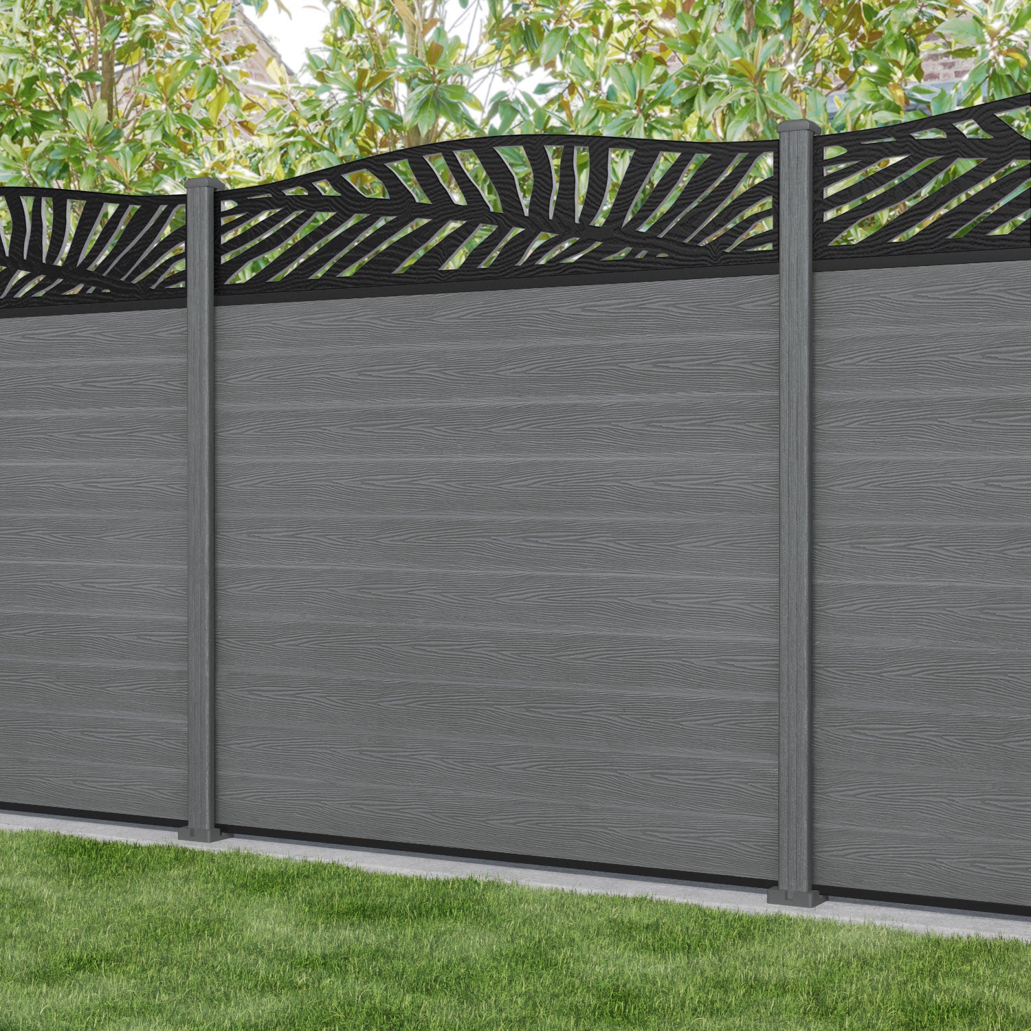 Classic Palm Curved Top Fence Panel - Mid Grey - with our composite posts