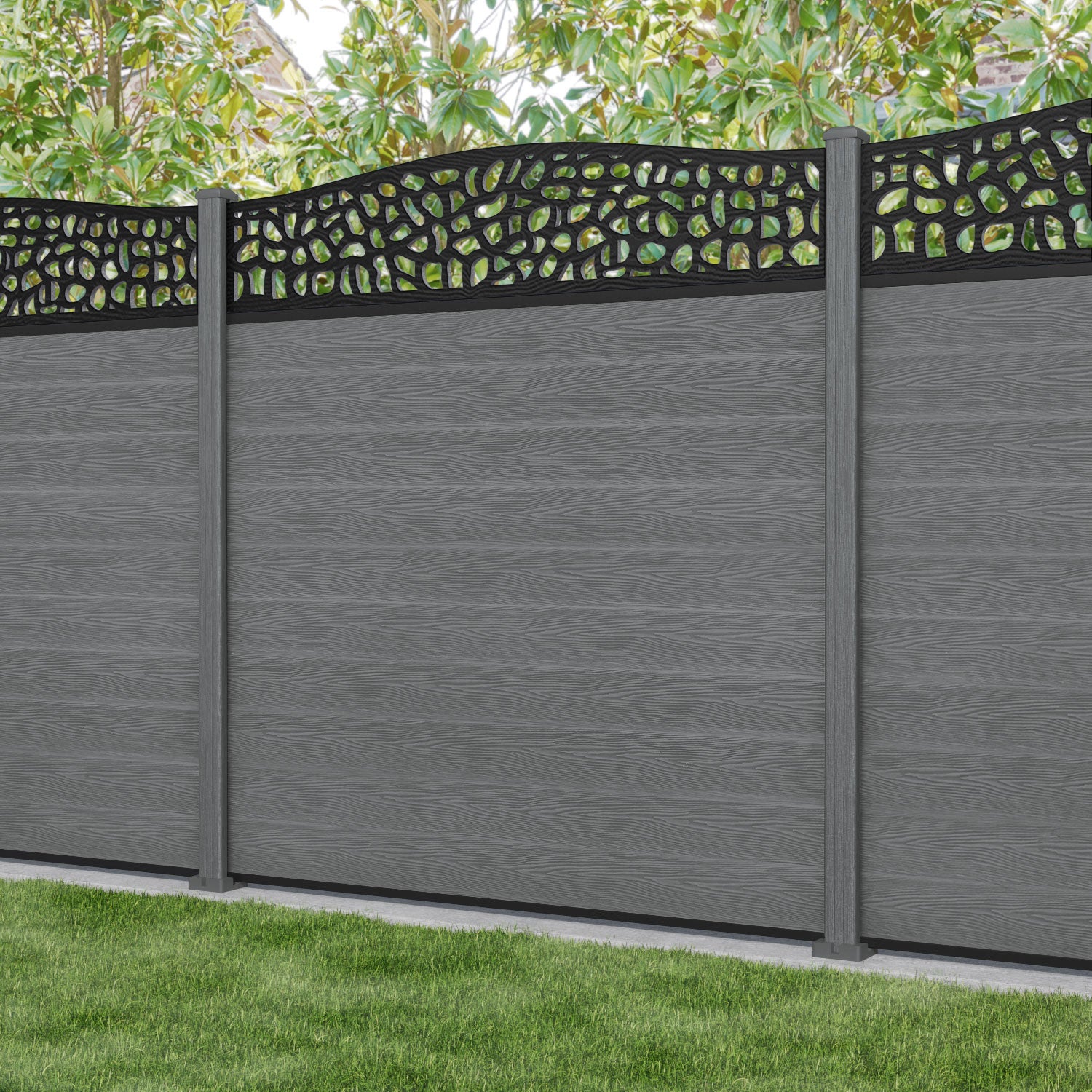 Classic Pebble Curved Top Fence Panel - Mid Grey - with our composite posts