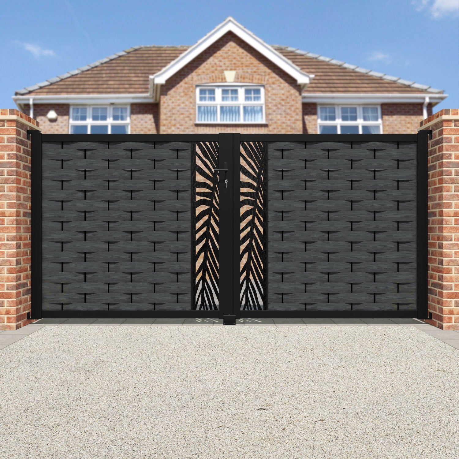 Ripple Palm Straight Top Driveway Gate - Dark Grey - Middle Screen