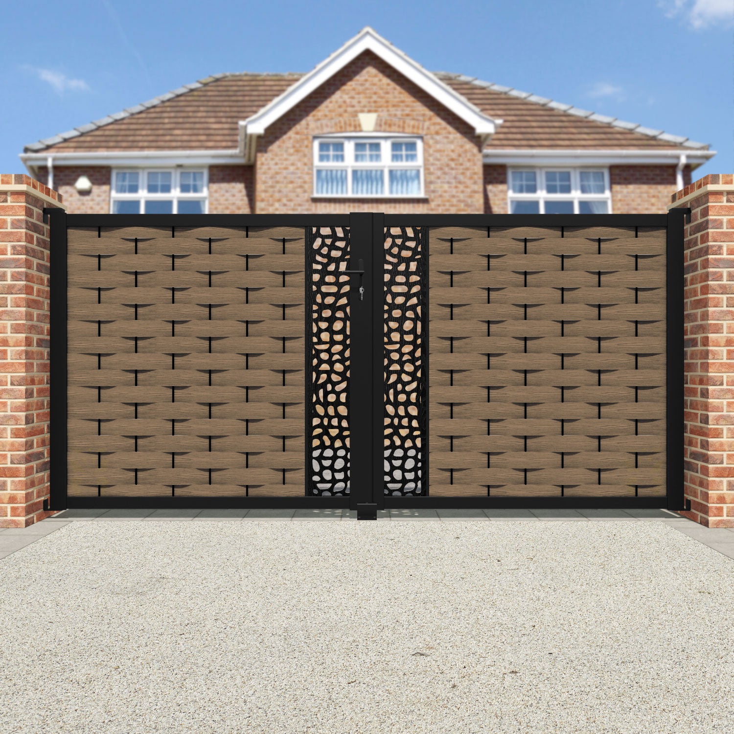Ripple Pebble Straight Top Driveway Gate - Teak - Middle Screen