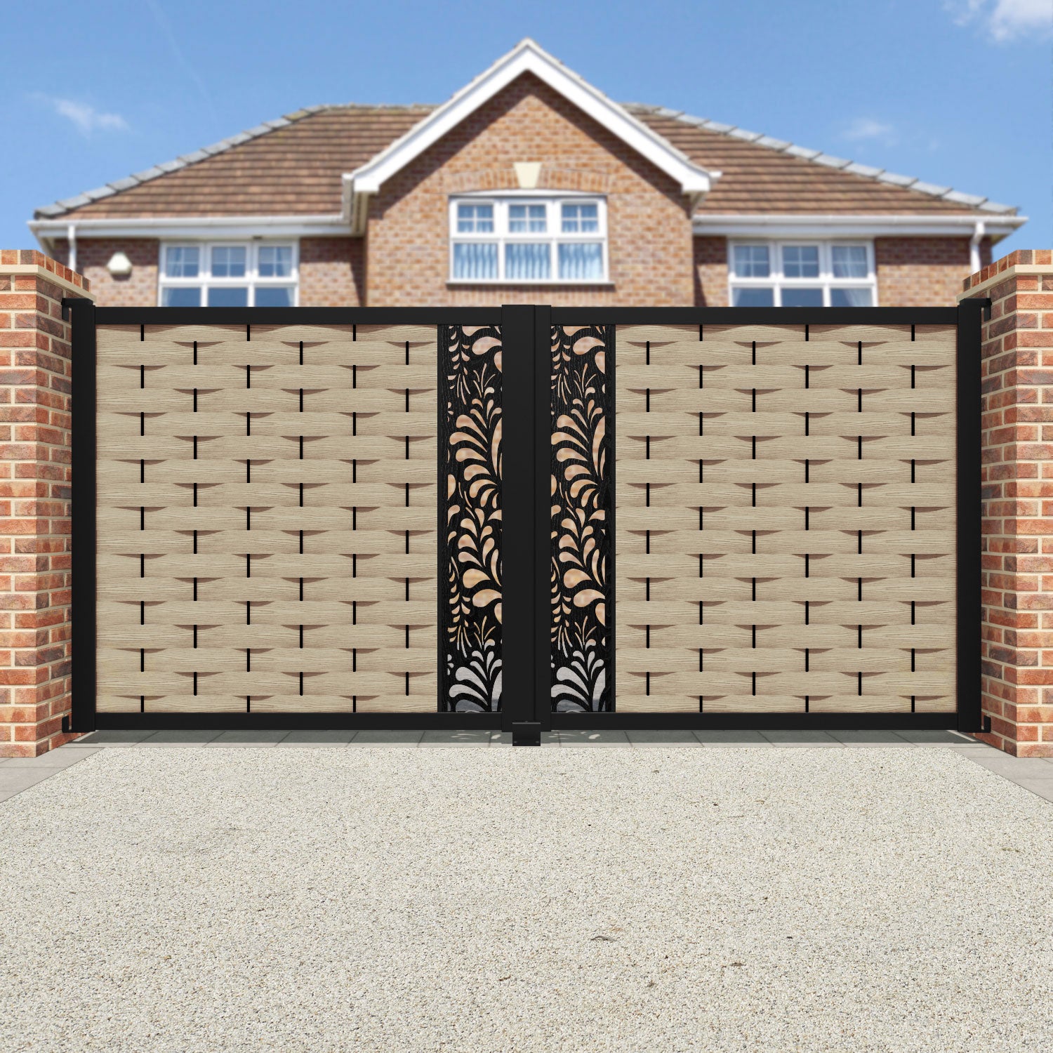 Ripple Petal Straight Top Driveway Gate - Light Oak - Middle Screen