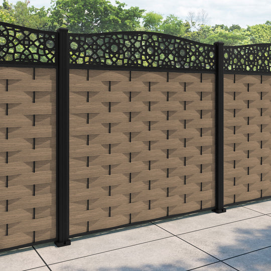 Ripple Ambar Curved Top Fence Panel - Teak - with our aluminium posts