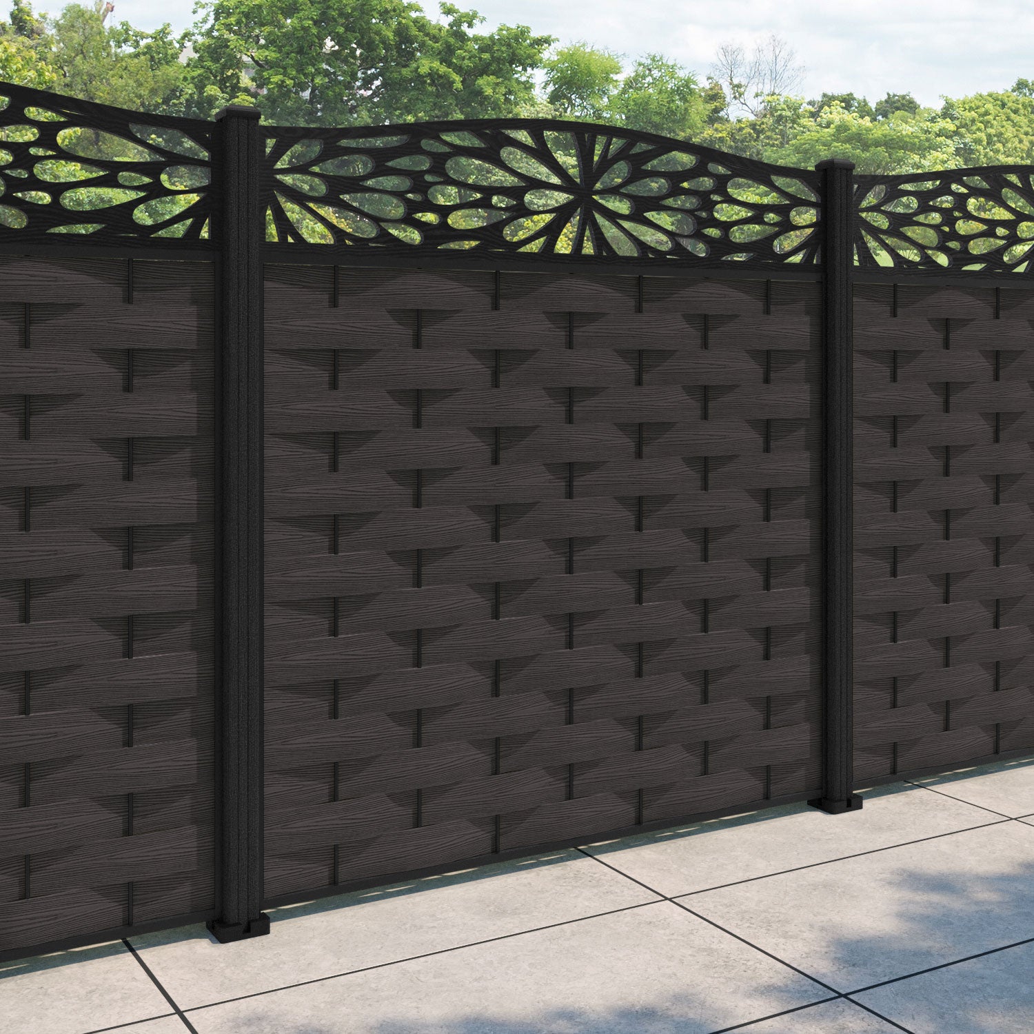 Ripple Blossom Curved Top Fence Panel - Dark Oak - with our composite posts