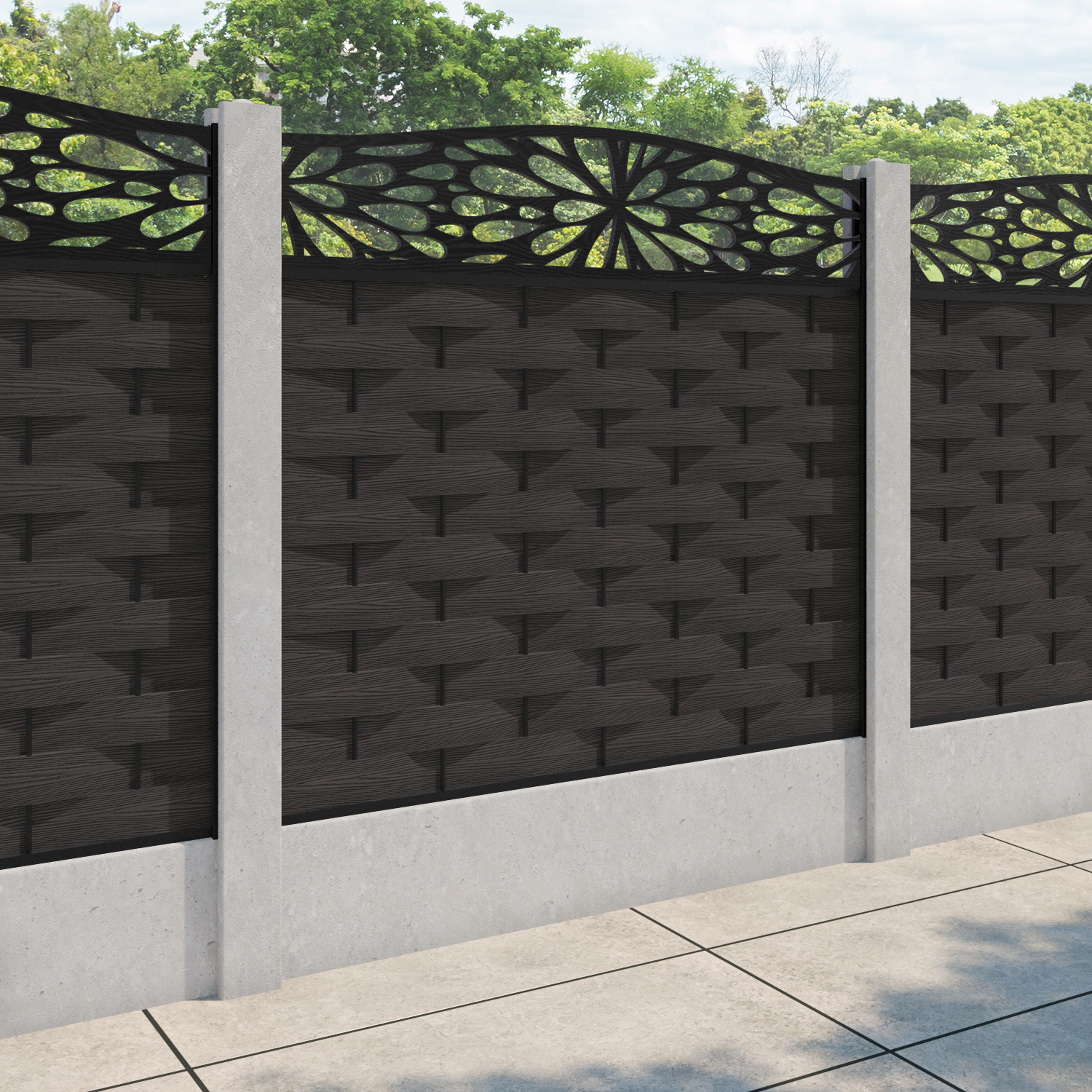 Ripple Blossom Curved Top Fence Panel - Dark Oak - for existing concrete posts
