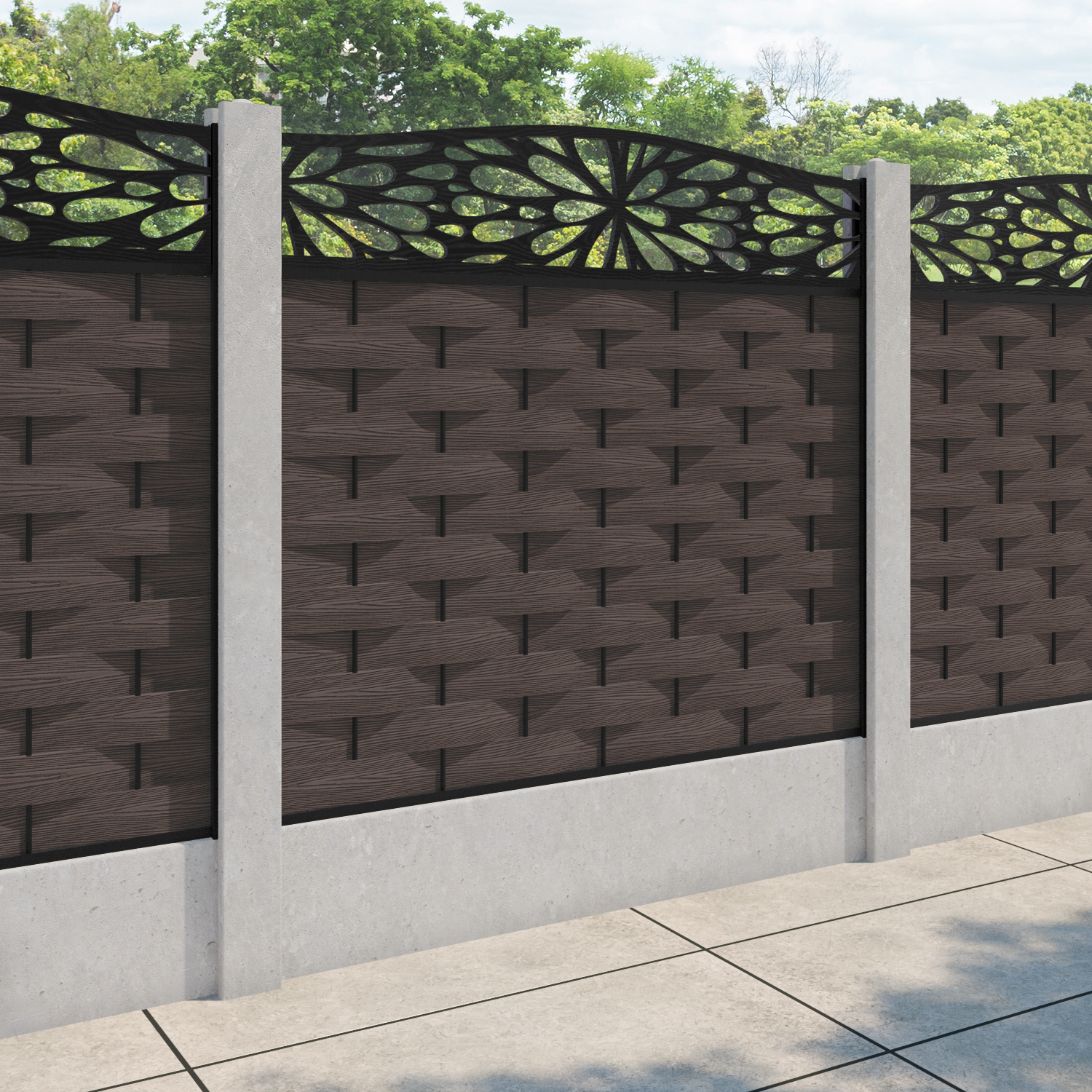 Ripple Blossom Curved Top Fence Panel - Mid Brown - for existing concrete posts