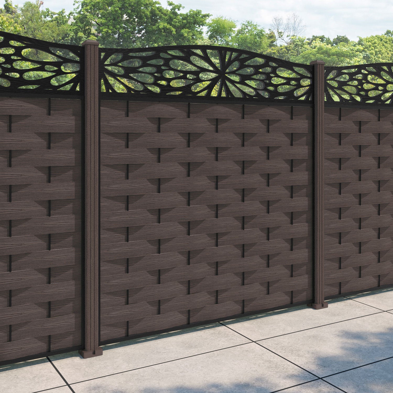 Ripple Blossom Curved Top Fence Panel - Mid Brown - with our composite posts