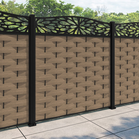 Ripple Blossom Curved Top Fence Panel - Teak - with our aluminium posts