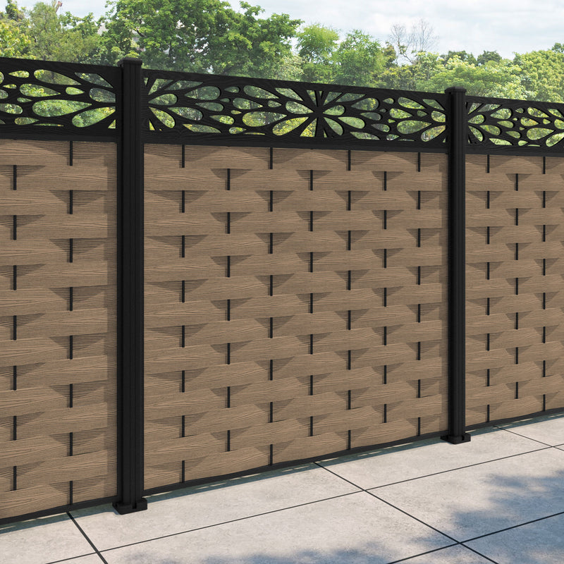 Ripple Blossom Fence Panel - Teak - with our aluminium posts