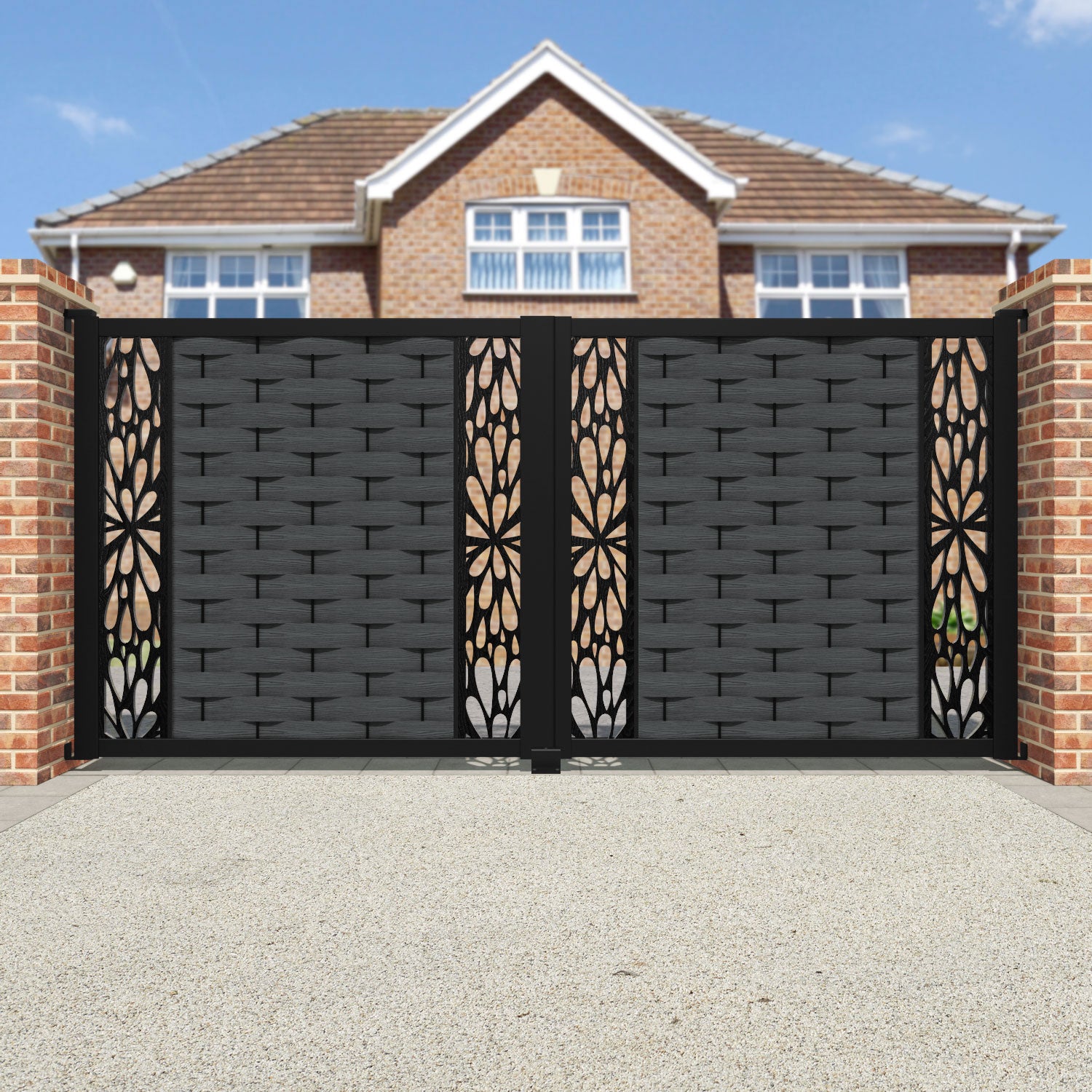Ripple Blossom Straight Top Driveway Gate - Dark Grey - Middle & End Screen