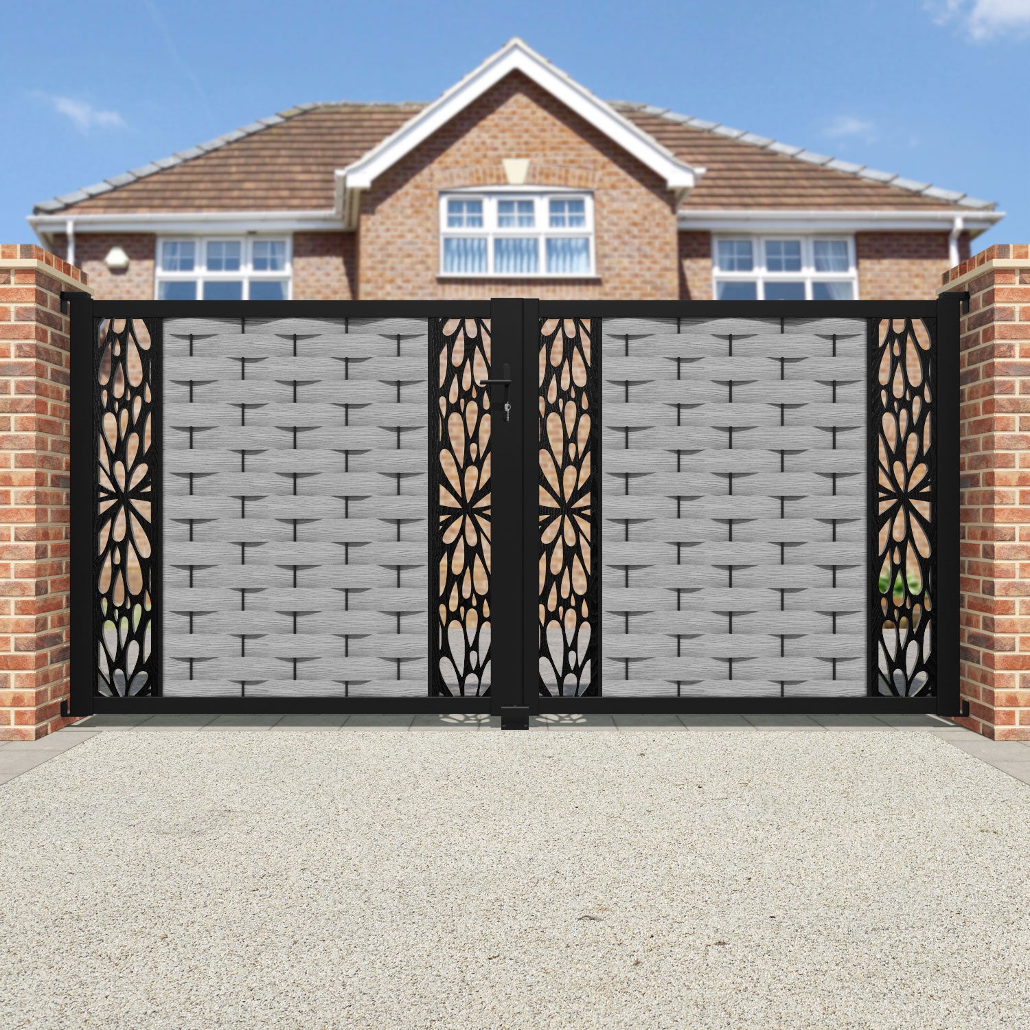 Ripple Blossom Straight Top Driveway Gate - Light Grey - Middle & End Screen