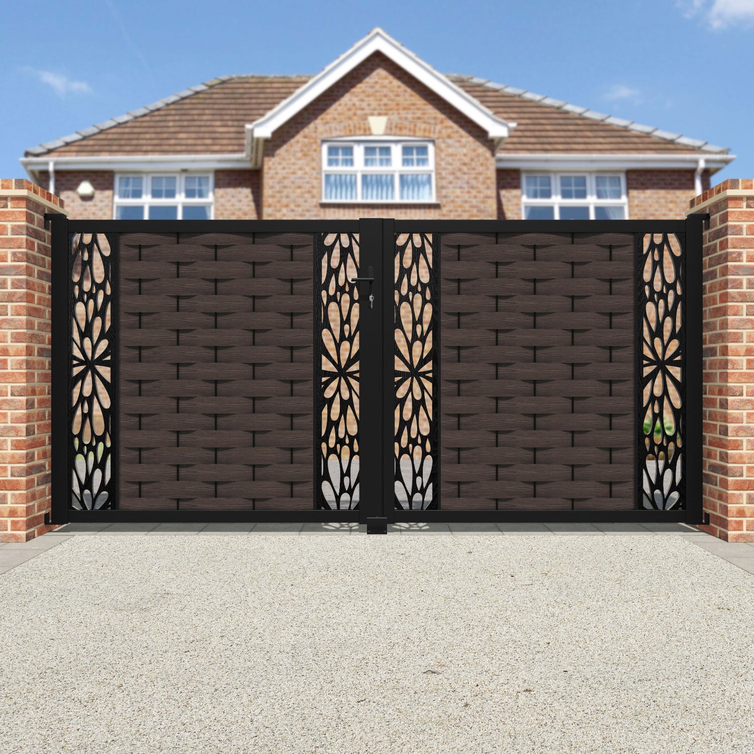 Ripple Blossom Straight Top Driveway Gate - Mid Brown - Middle & End Screen
