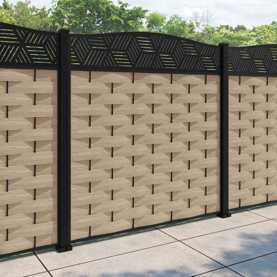Ripple Cubed Curved Top Fence Panel - Light Oak - with our aluminium posts
