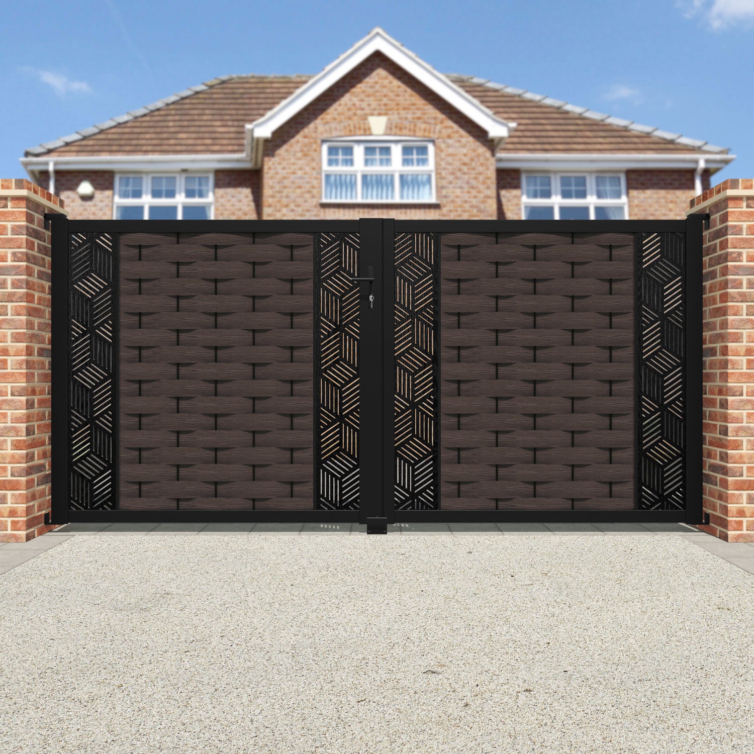 Ripple Cubed Straight Top Driveway Gate - Mid Brown - Middle & End Screen