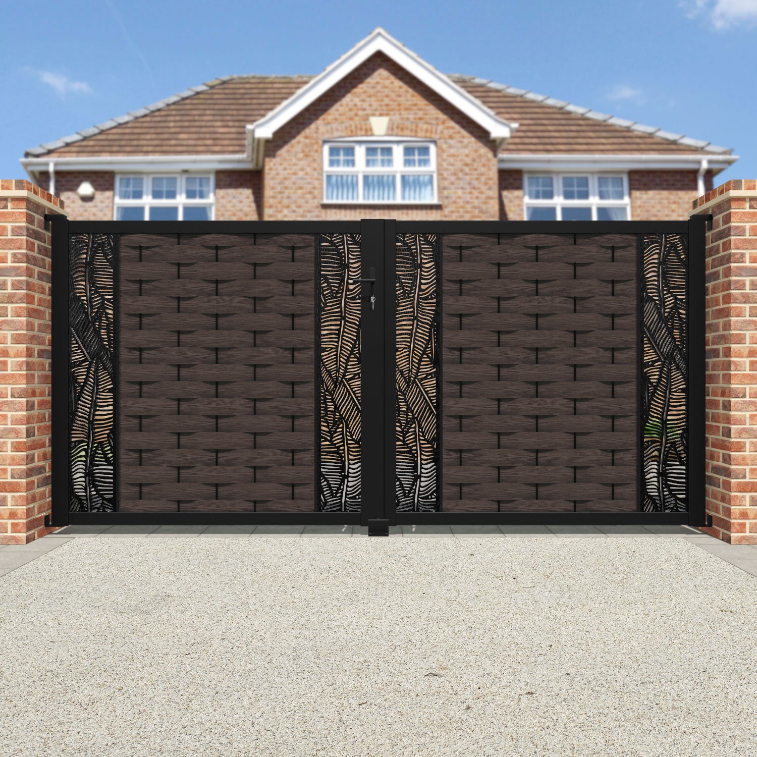 Ripple Feather Straight Top Driveway Gate - Mid Brown - Middle & End Screen