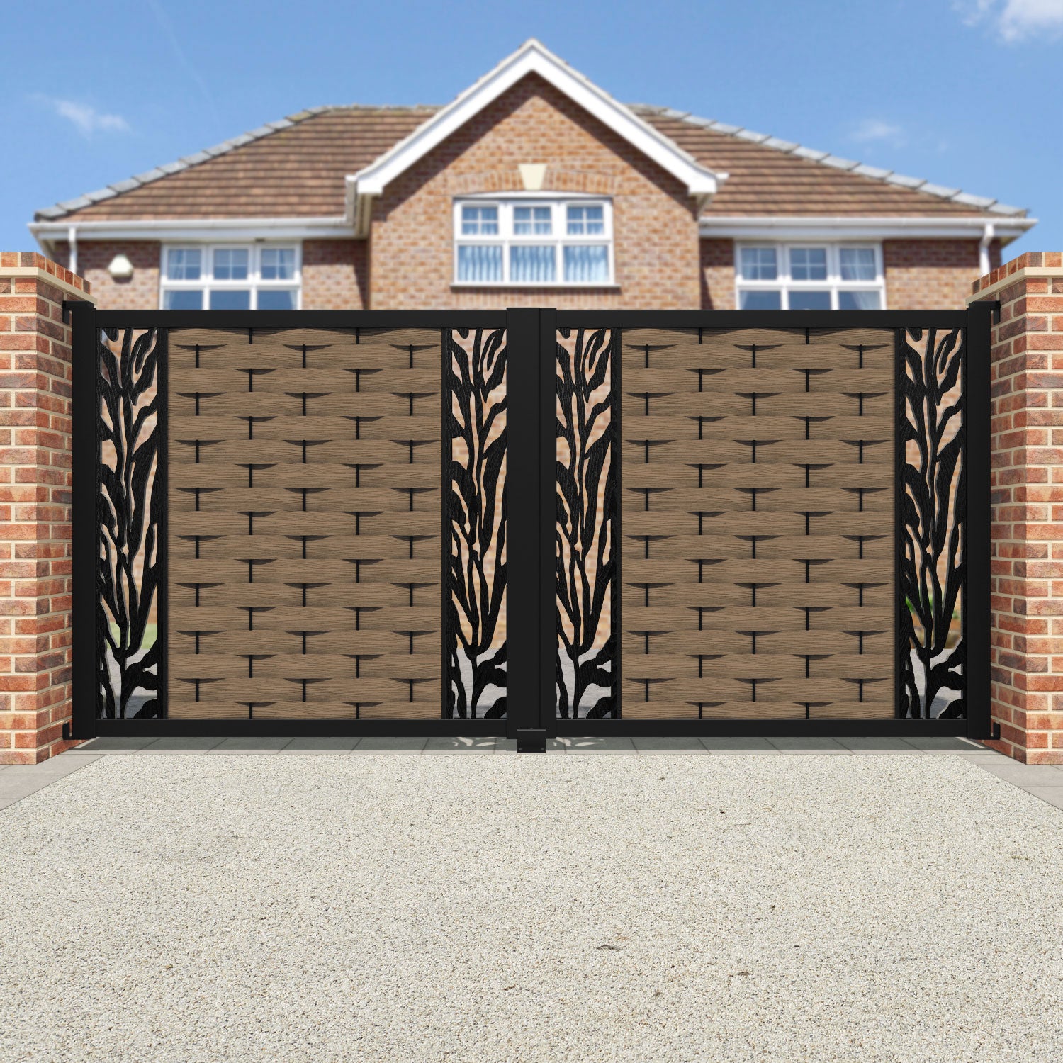 Ripple Malawi Straight Top Driveway Gate - Teak - Middle & End Screen